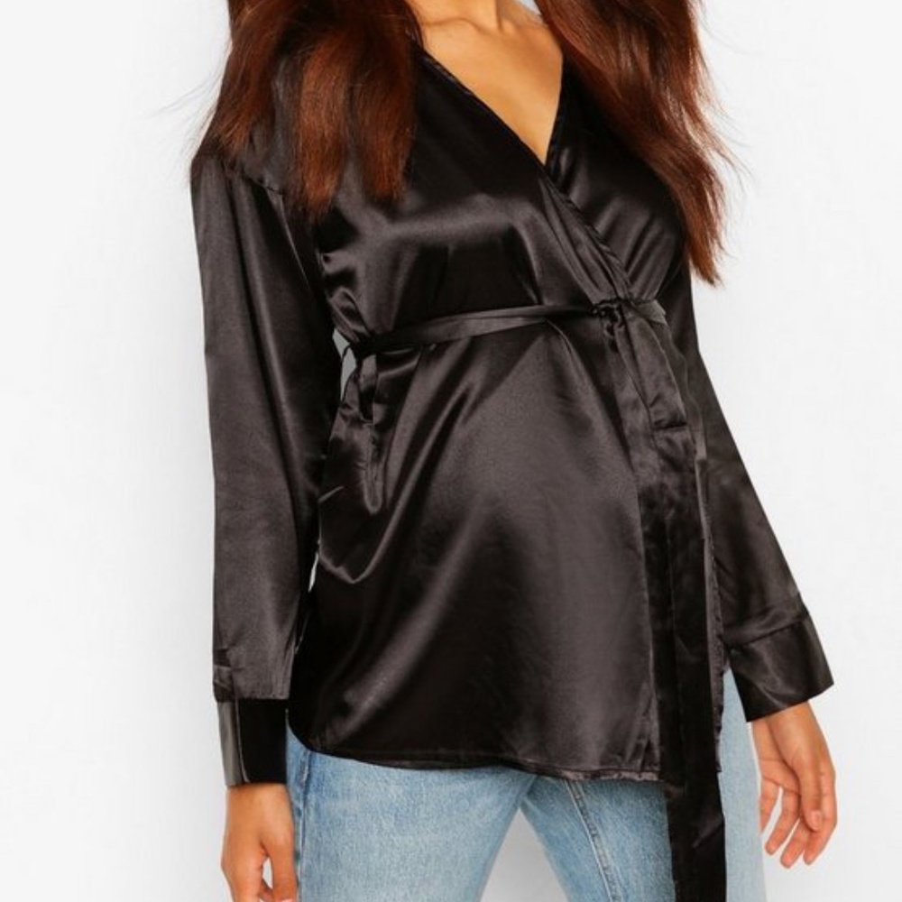 Maternity Satin Tie Waist Long Sleeve Blouse